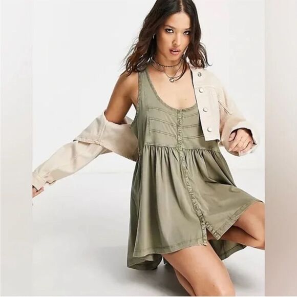 Free People Brooke Distressed Sleeveless Green Boho Hi-Lo Tunic Top Festival - Picture 1 of 14